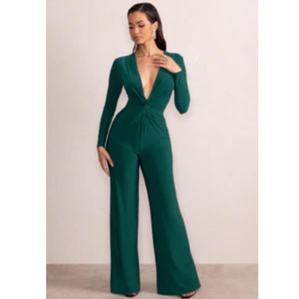 Ember | Bottle Green Twist Front Plunge Wide Leg Jumpsuit
US 0 / Bottle Green